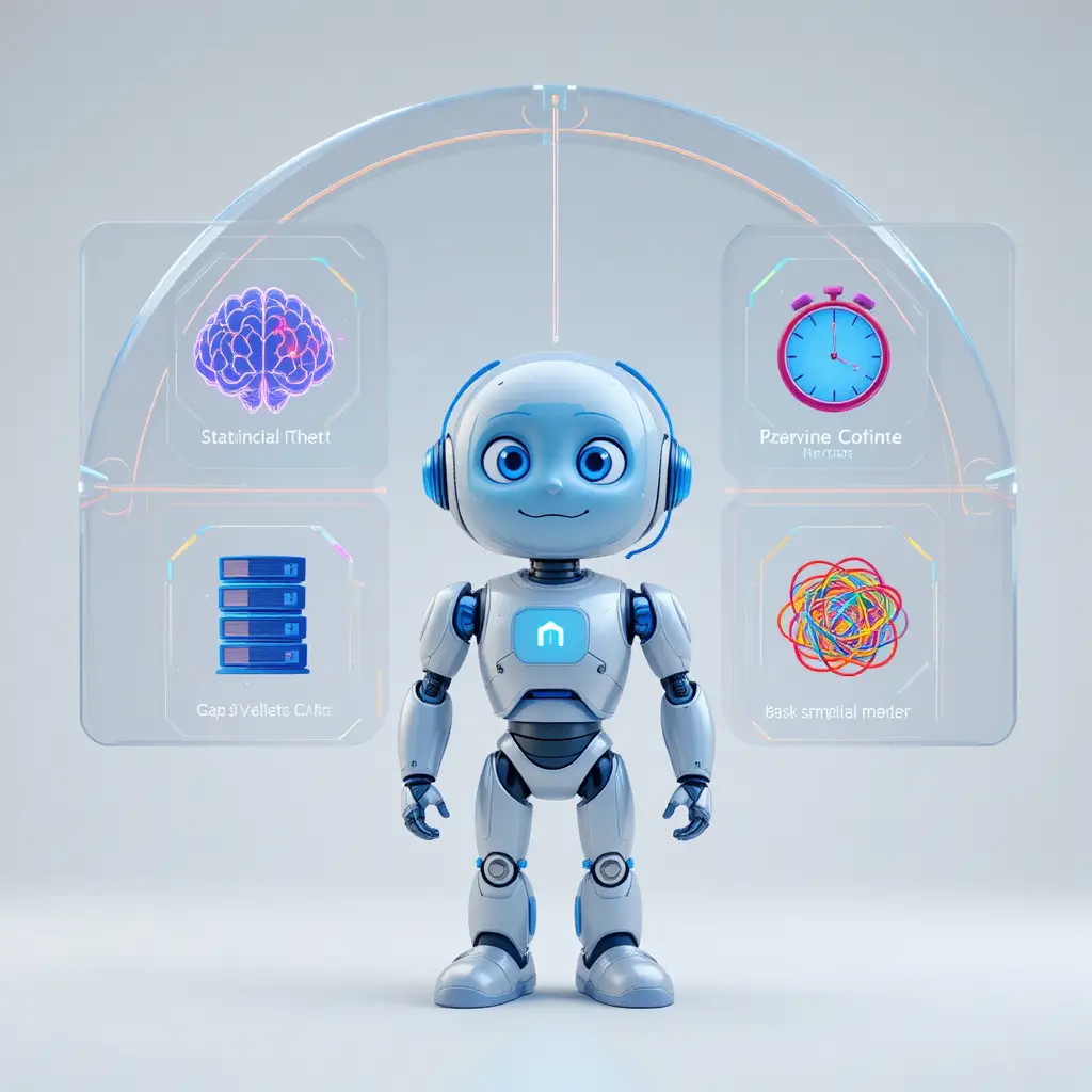 Thinking cartoon robot under holographic problem icons