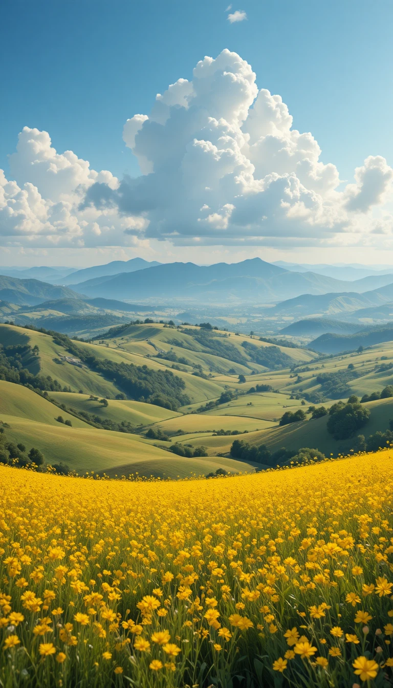 Vastes champs de fleurs sauvages jaunes sous de hautes nuages d’été