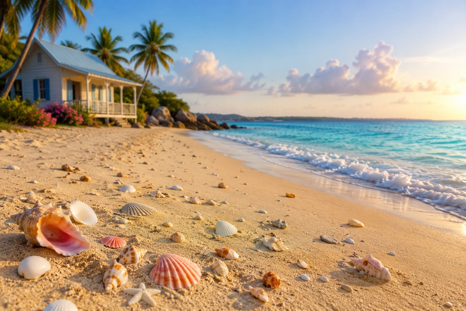 Peaceful sandy beach with seashells and distant turquoise sea