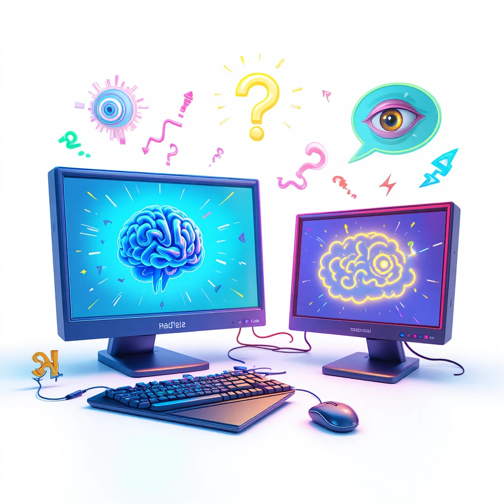 3d cartoon monitors with neon hallucination symbols
