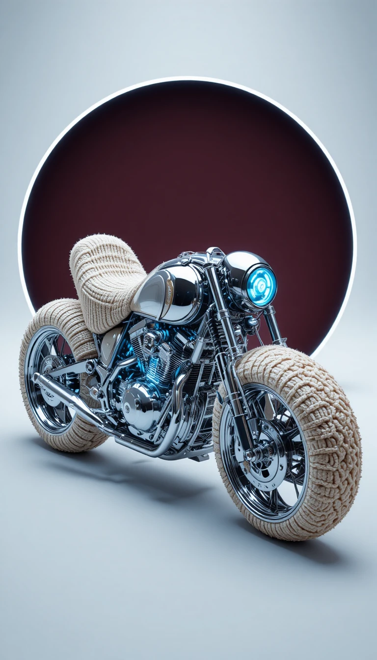Futuristic Chrome Motorcycle Wrapped In Cream Knitted Fabric
