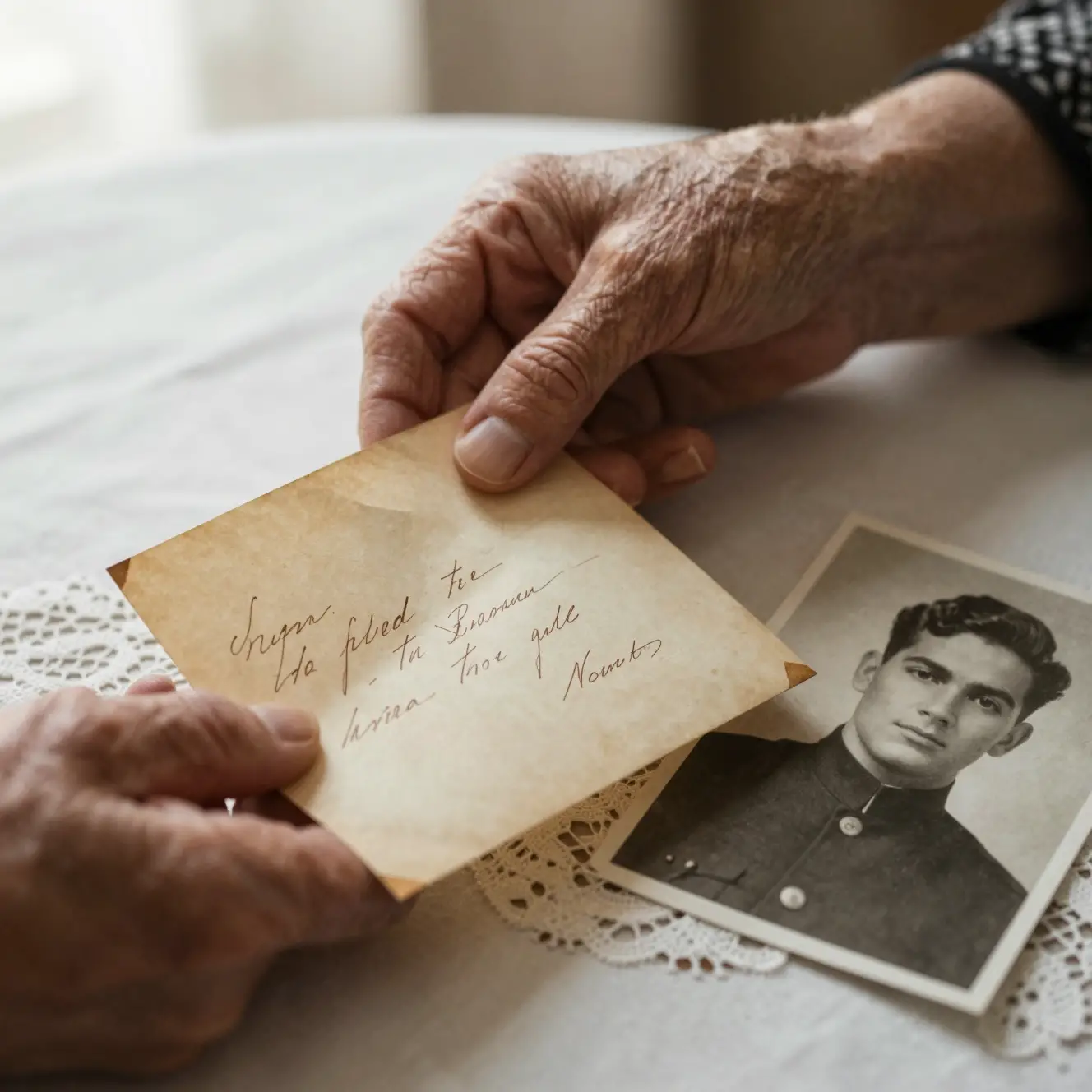 Mani anziane che tengono una vecchia lettera d’amore su un tavolo di pizzo