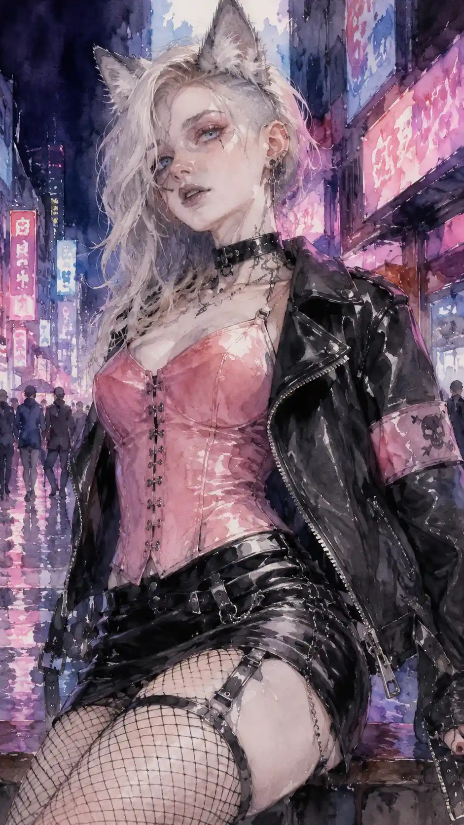 Edgy cyberpunk woman in neon lit futuristic city street
