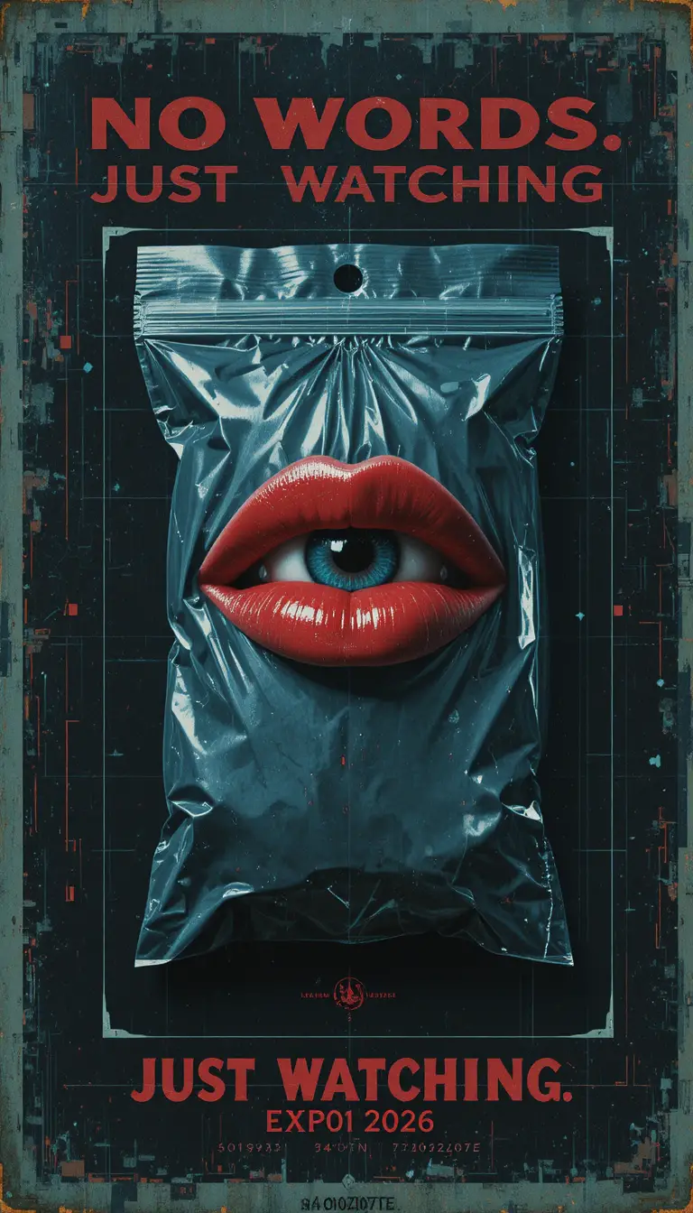 Surrealistisches Vintage-Poster mit glänzend roten Lippen statt eines Auges