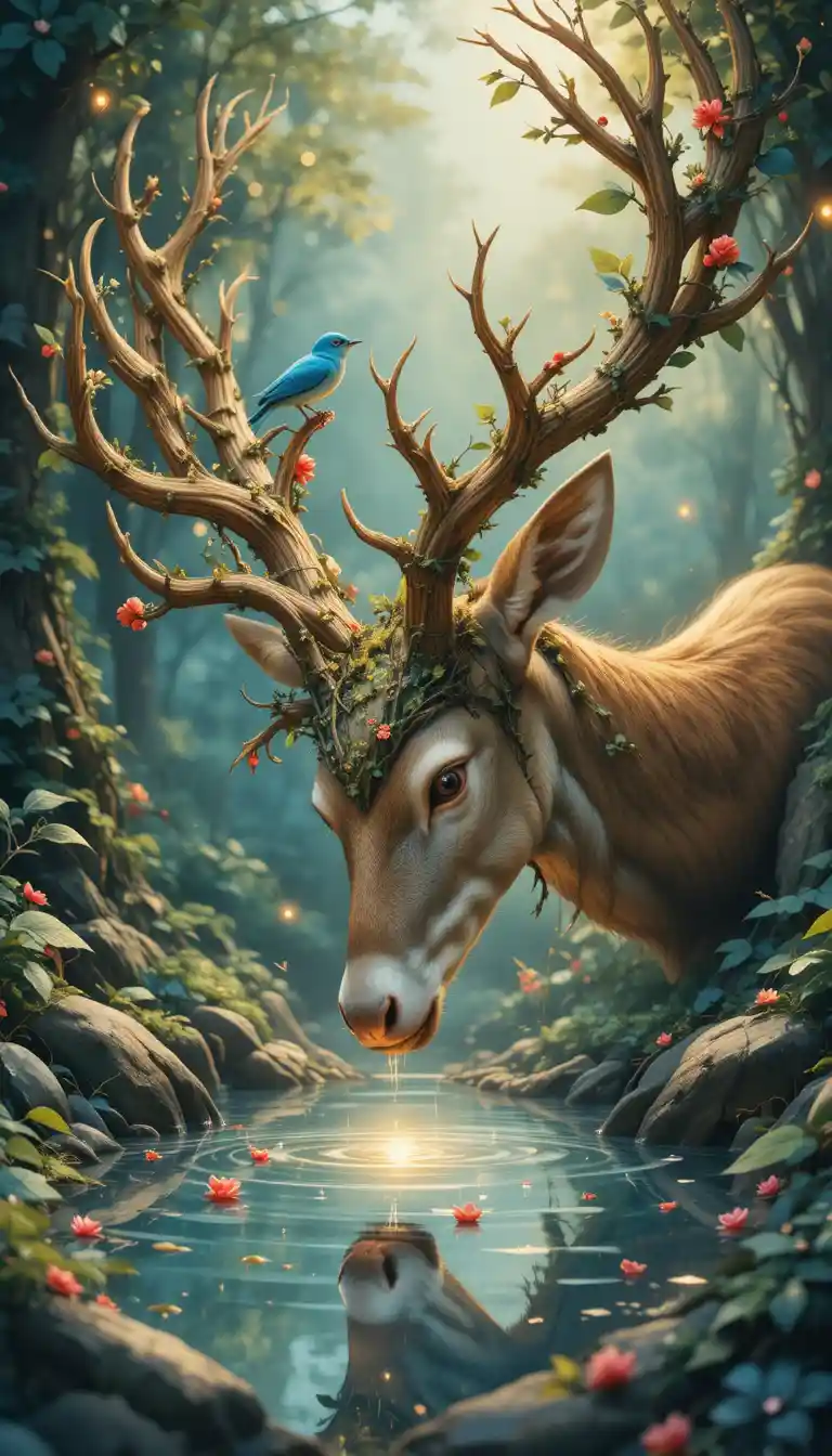 Majestic deer with vines and light over a forest pool