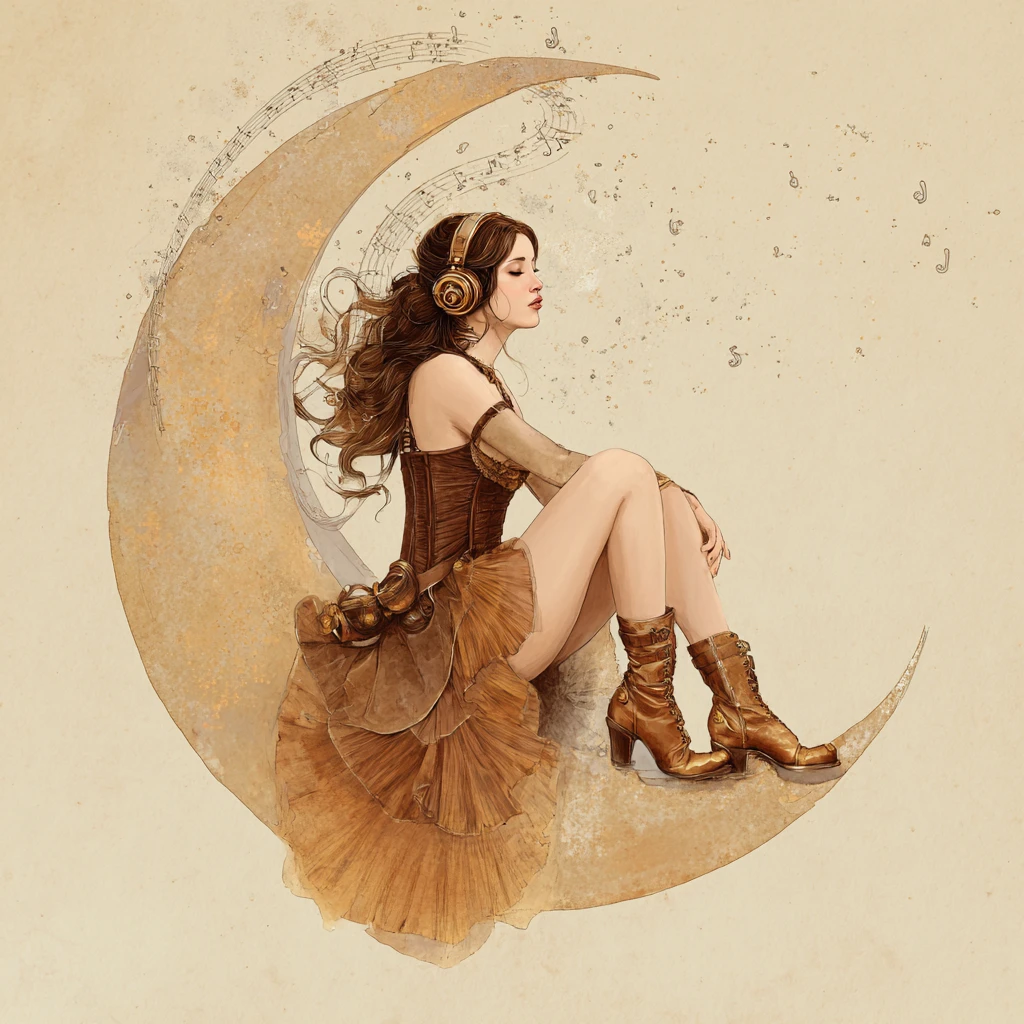 Steampunk woman on crescent moon immersed in music