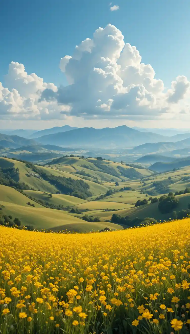 Vast yellow wildflower fields beneath towering summer clouds