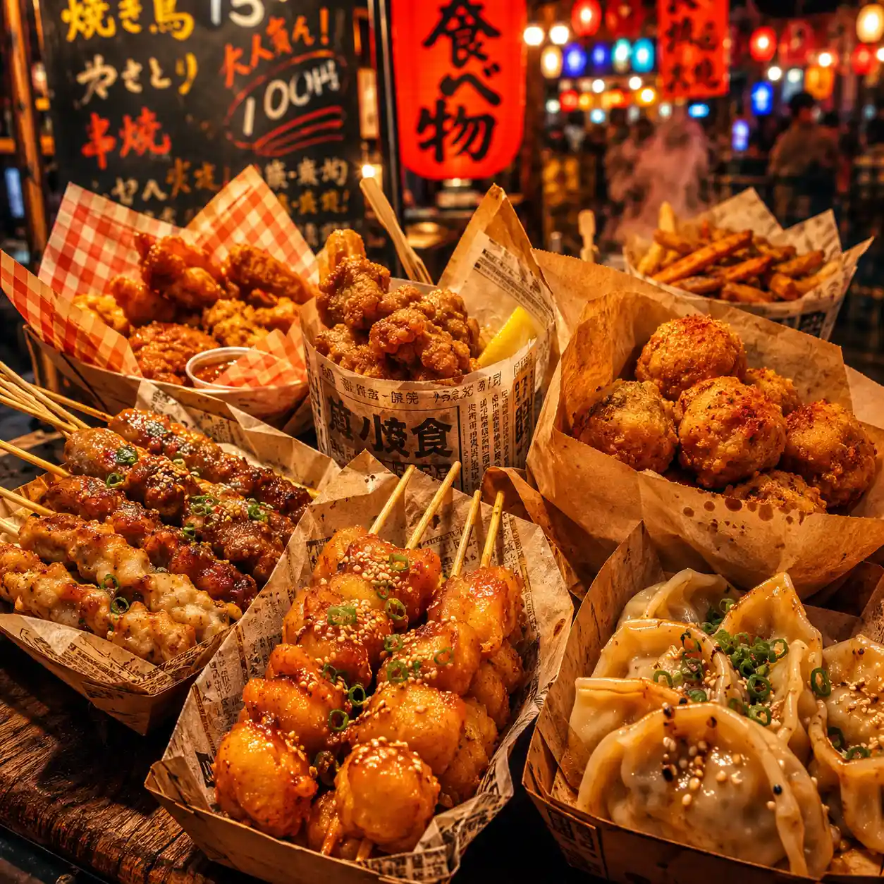 Street food feast in glowing night market paper wrappers