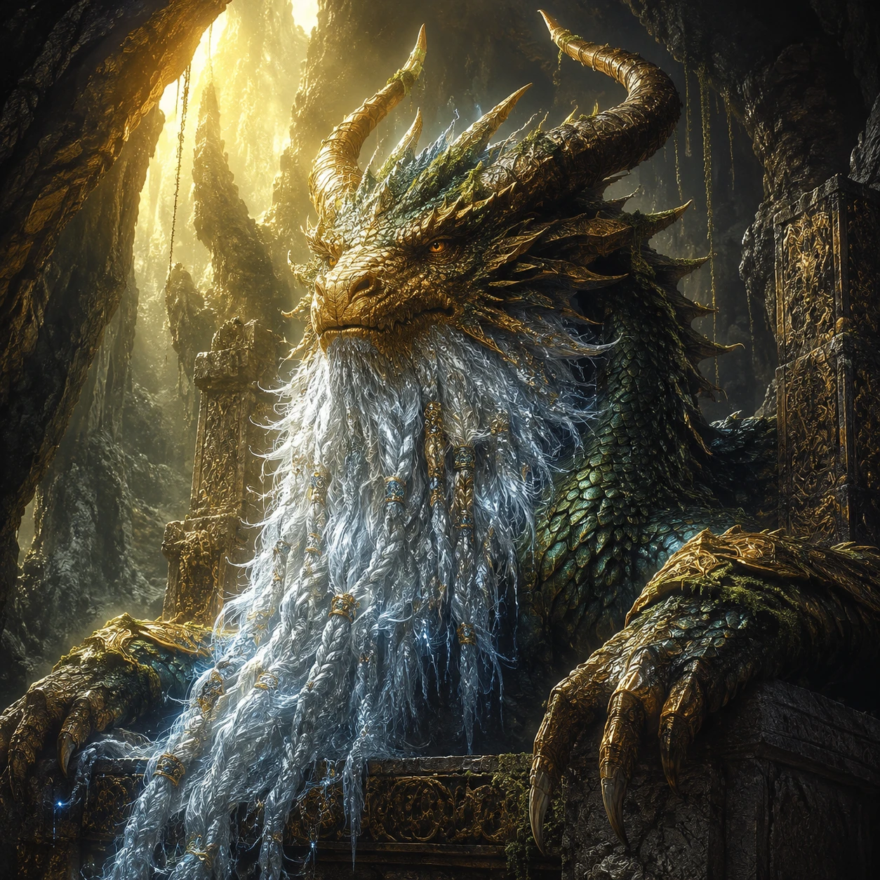 Ancient dragon with silver beard on a stone throne