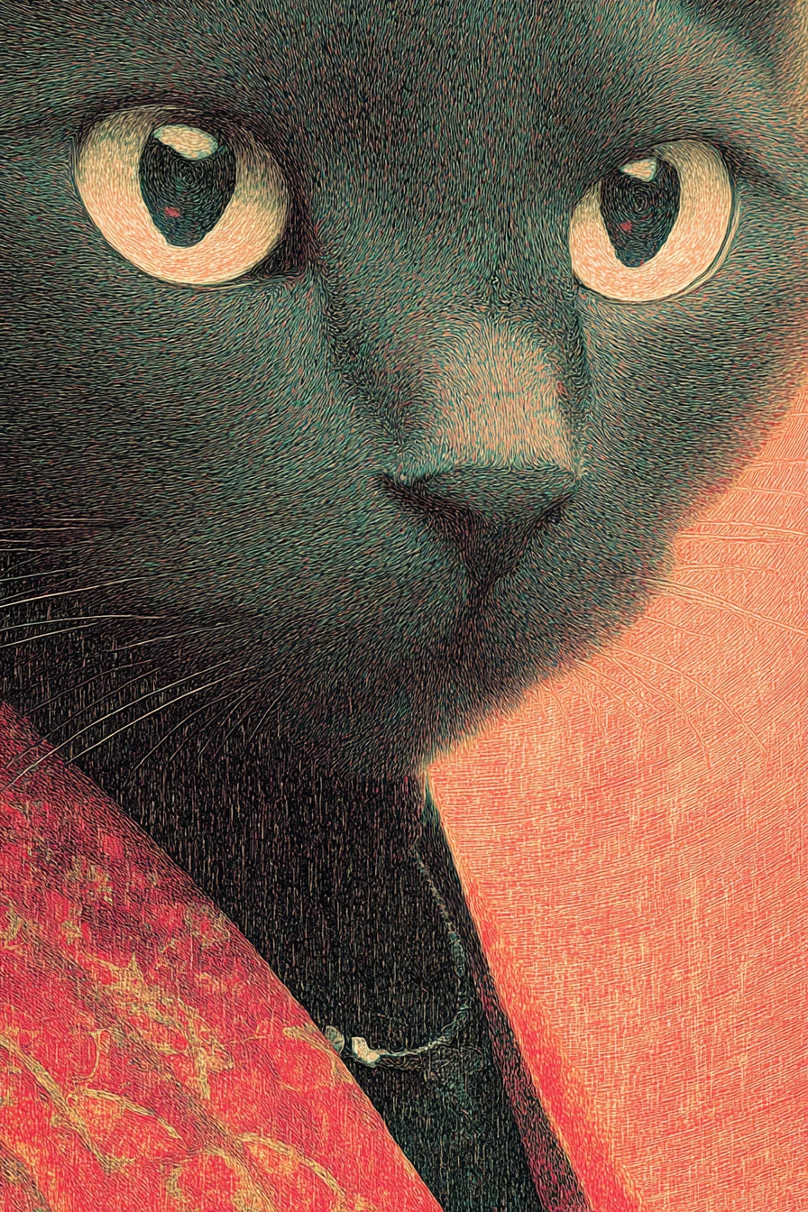 Surreal close up portrait of an interdimensional cat lady