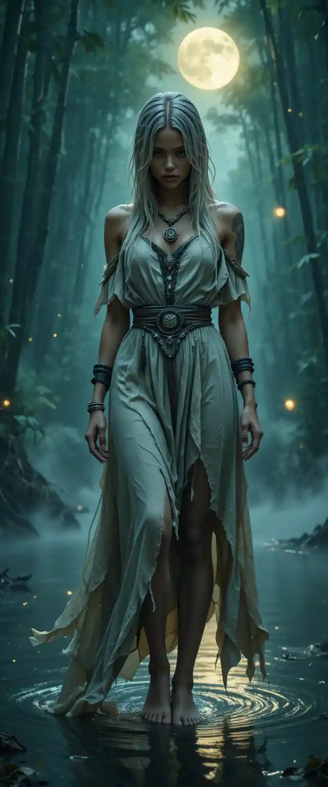 Moonlit swamp witch standing in misty bamboo shallows