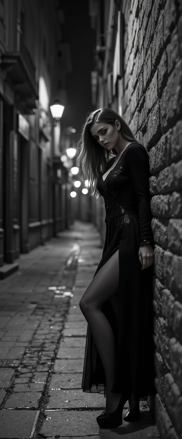 Mujer elegante en un callejón urbano en blanco y negro de estilo noir