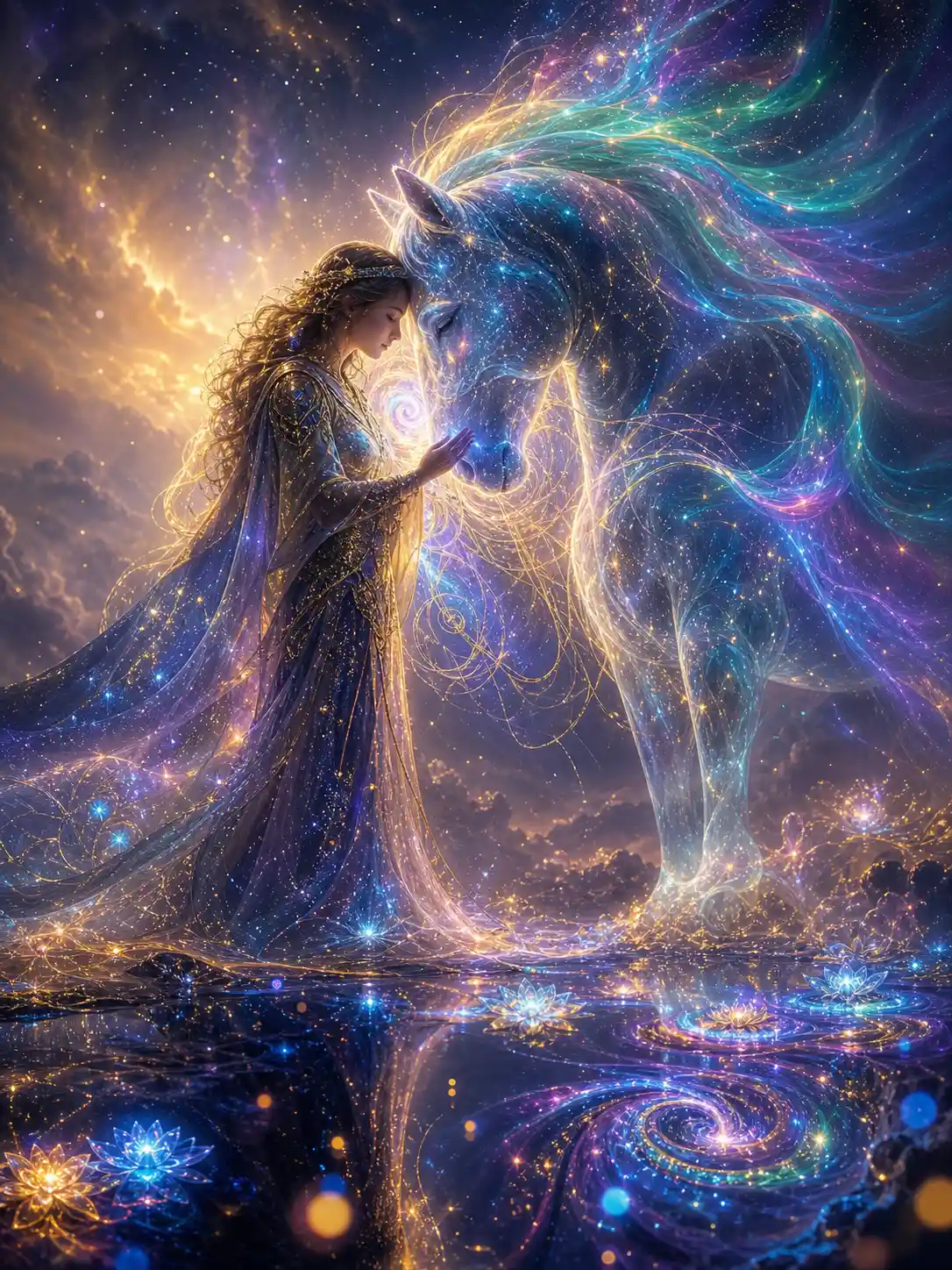Ethereal woman bonding with a luminous celestial horse
