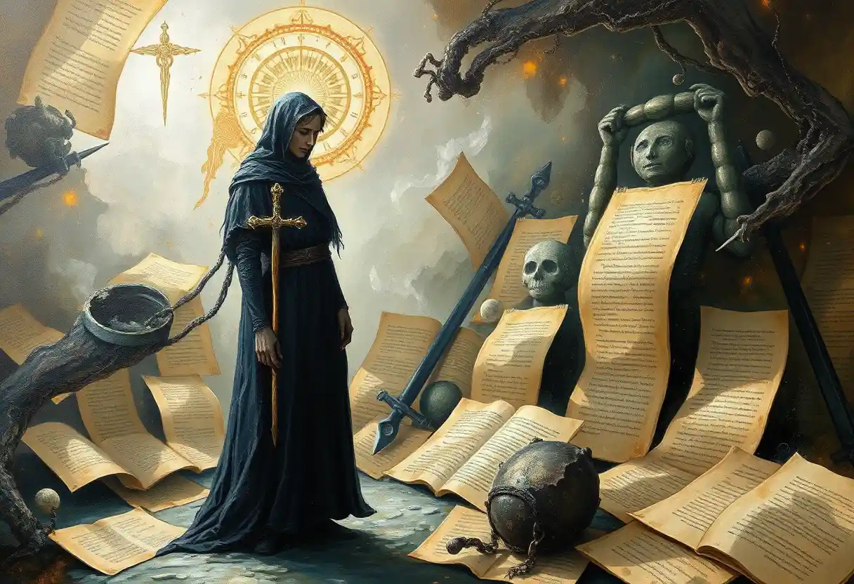 Mystical figure among ancient alchemical texts in silence