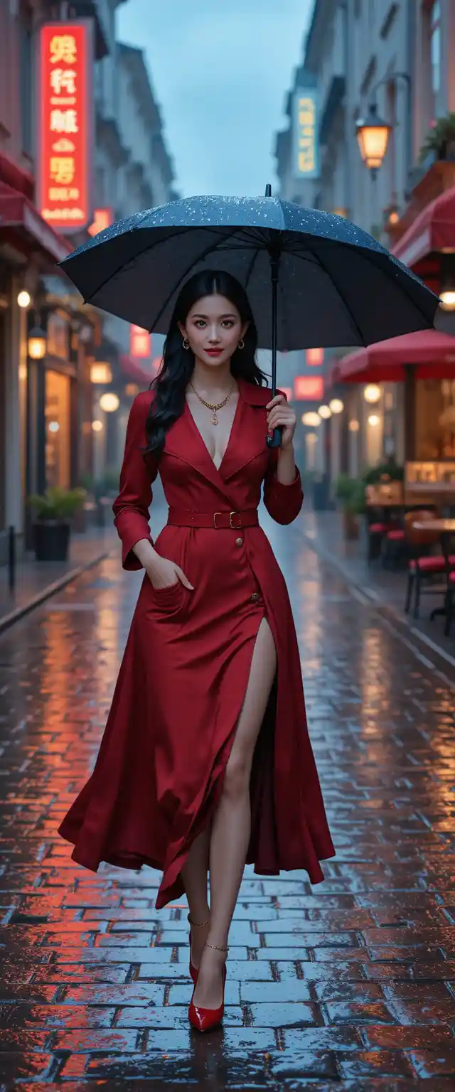 Woman in red walking through a rainy European city street