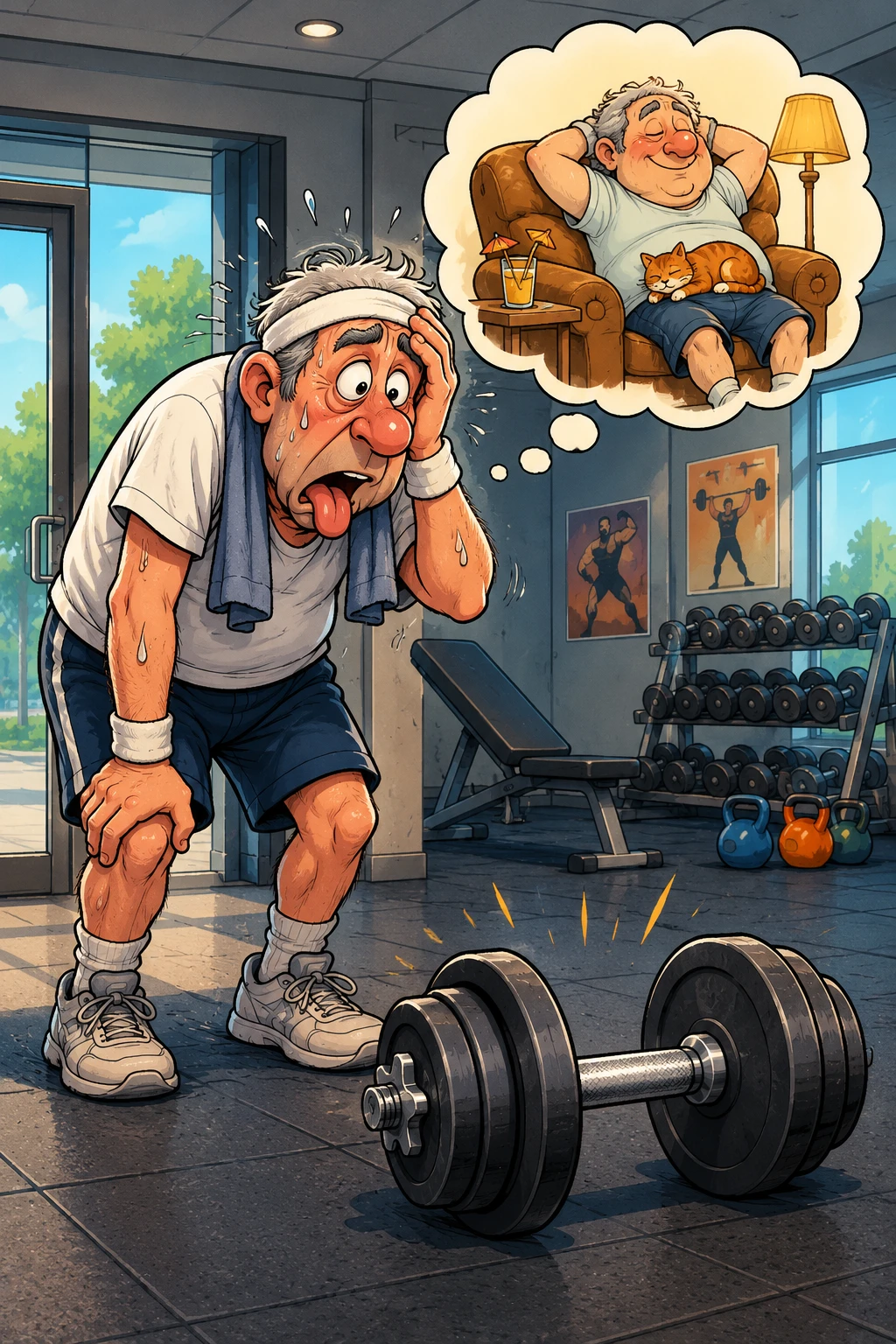 Middle aged man in gym in classic comic illustration