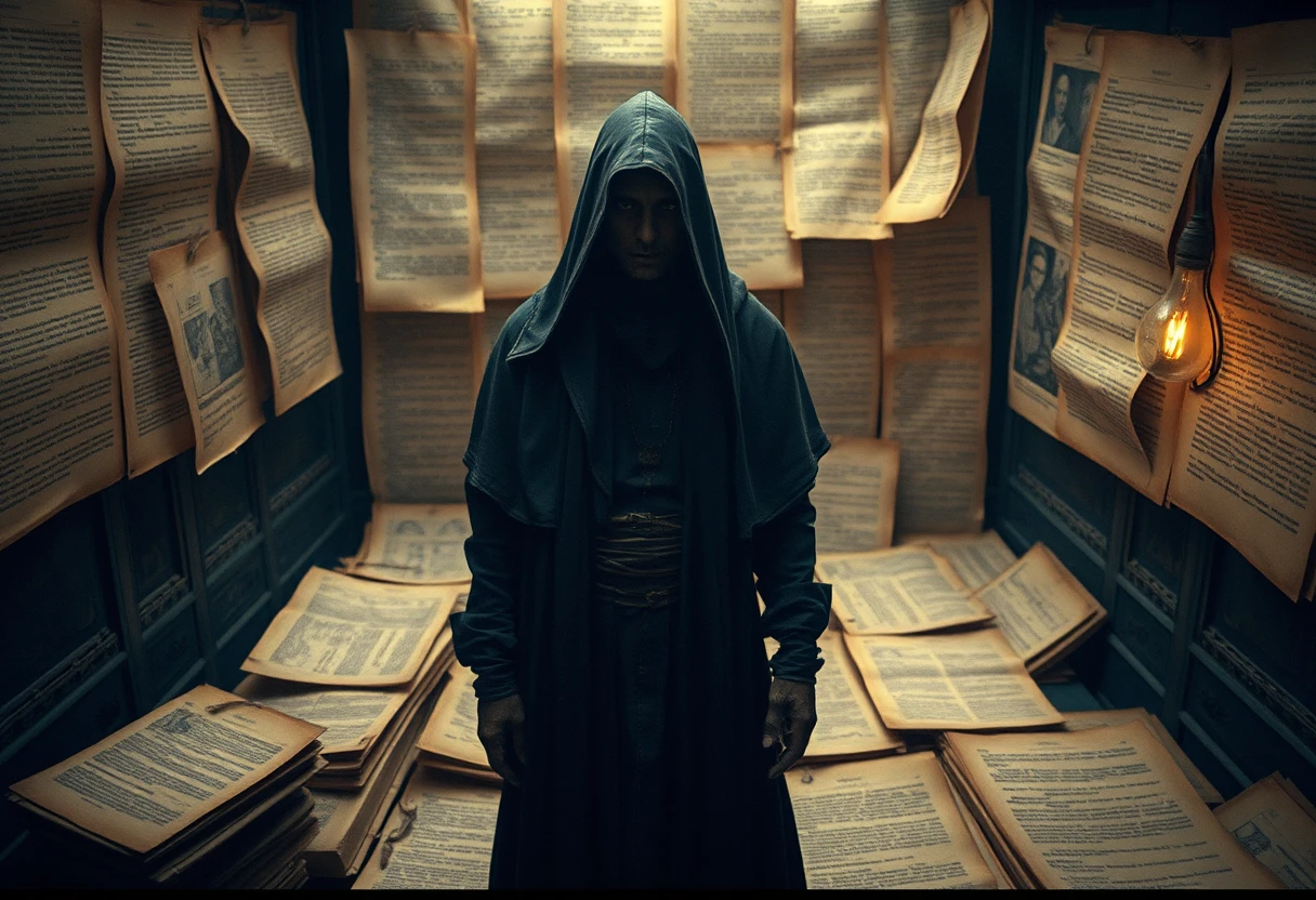 Mystical figure standing among ancient alchemical texts in silence