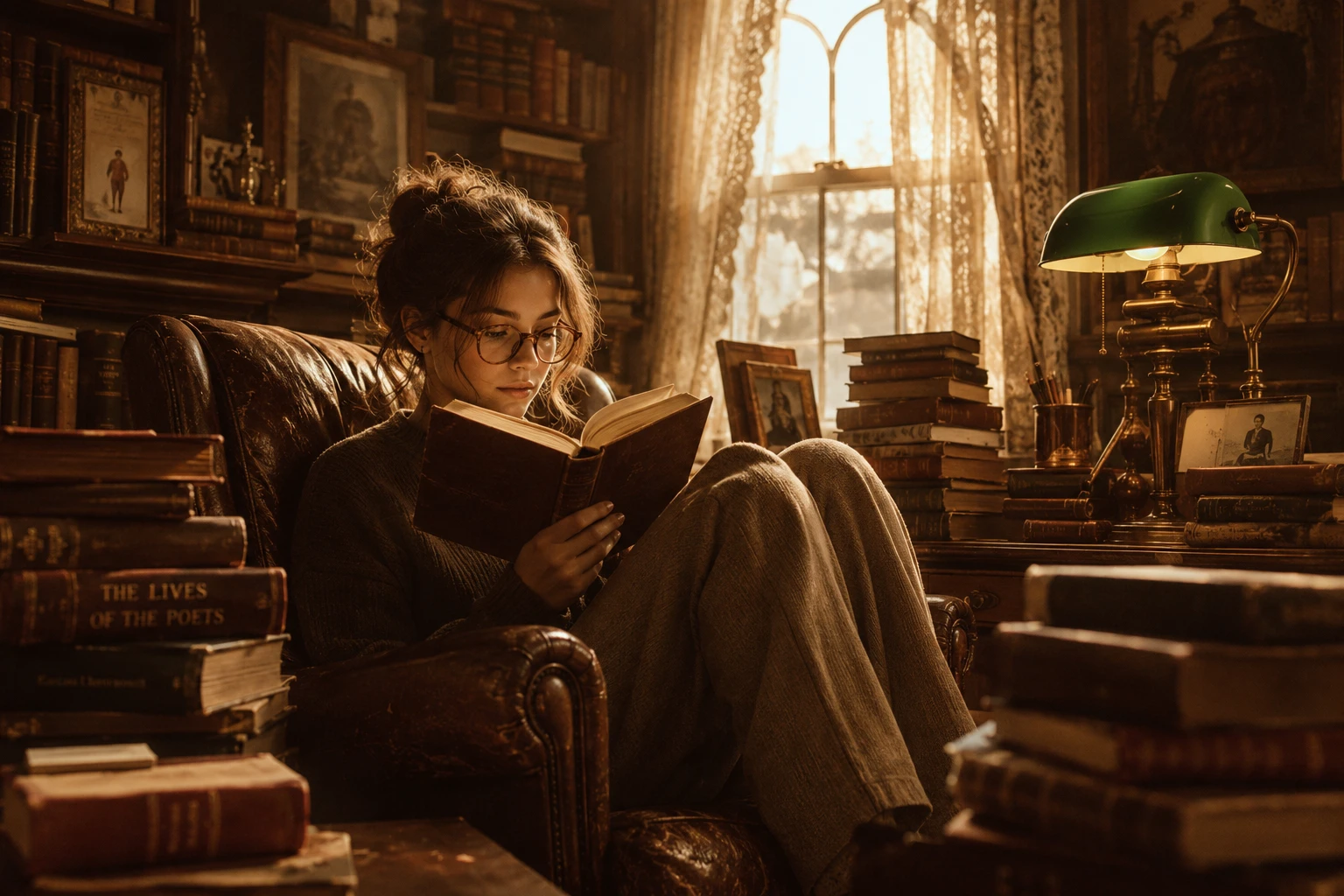 Young woman reading in a vintage leather armchair library