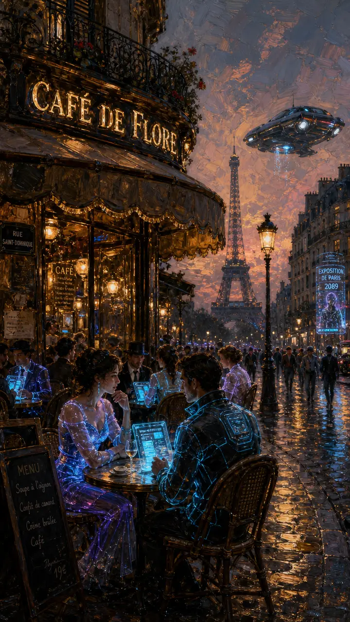 Vintage parisian cafe at twilight with hovering flying car