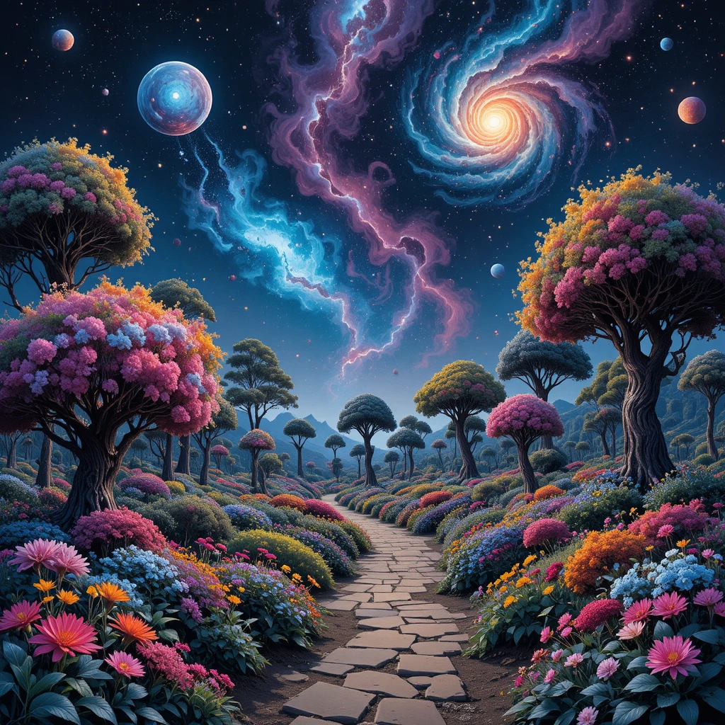Giant astronomers tending a cosmic garden in deep space