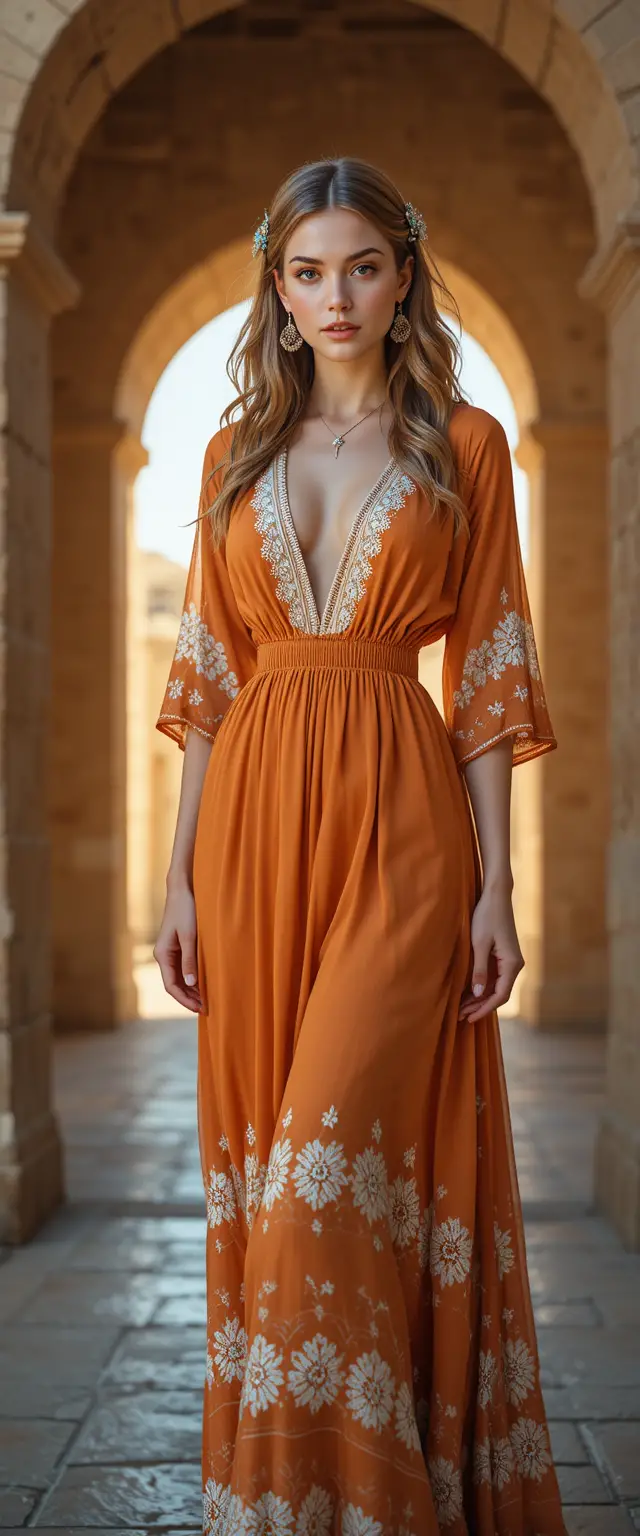 Jovem mulher com vestido boho laranja em arco de pedra
