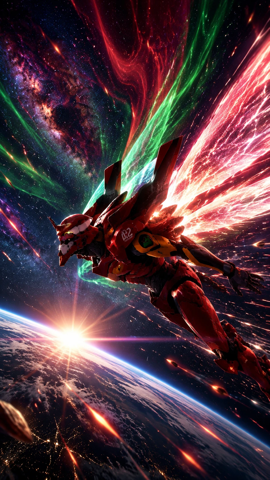 Red mecha with light wings soaring at the edge of space