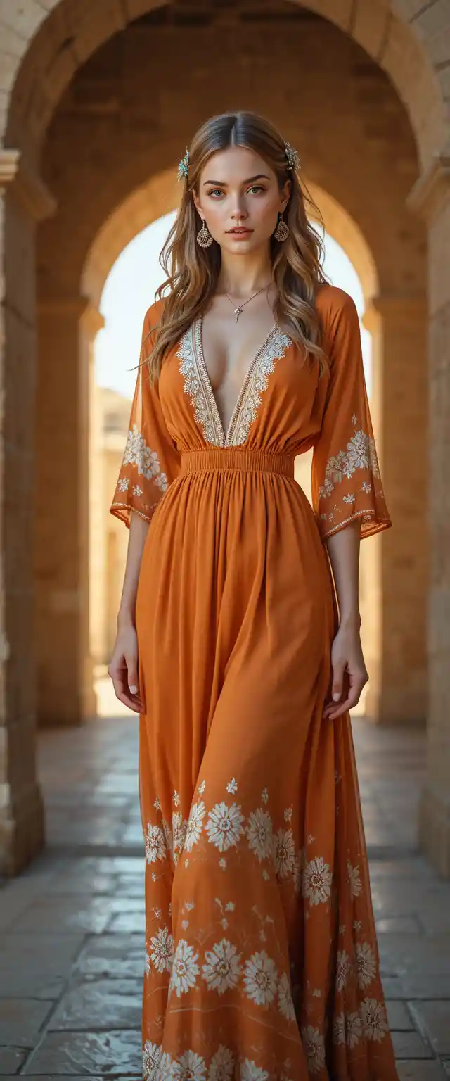 Young woman in orange boho dress in stone archway