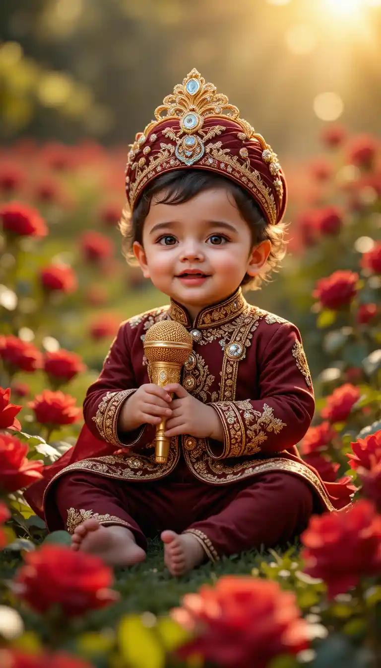 Baby boy in royal outfit singing in rose garden