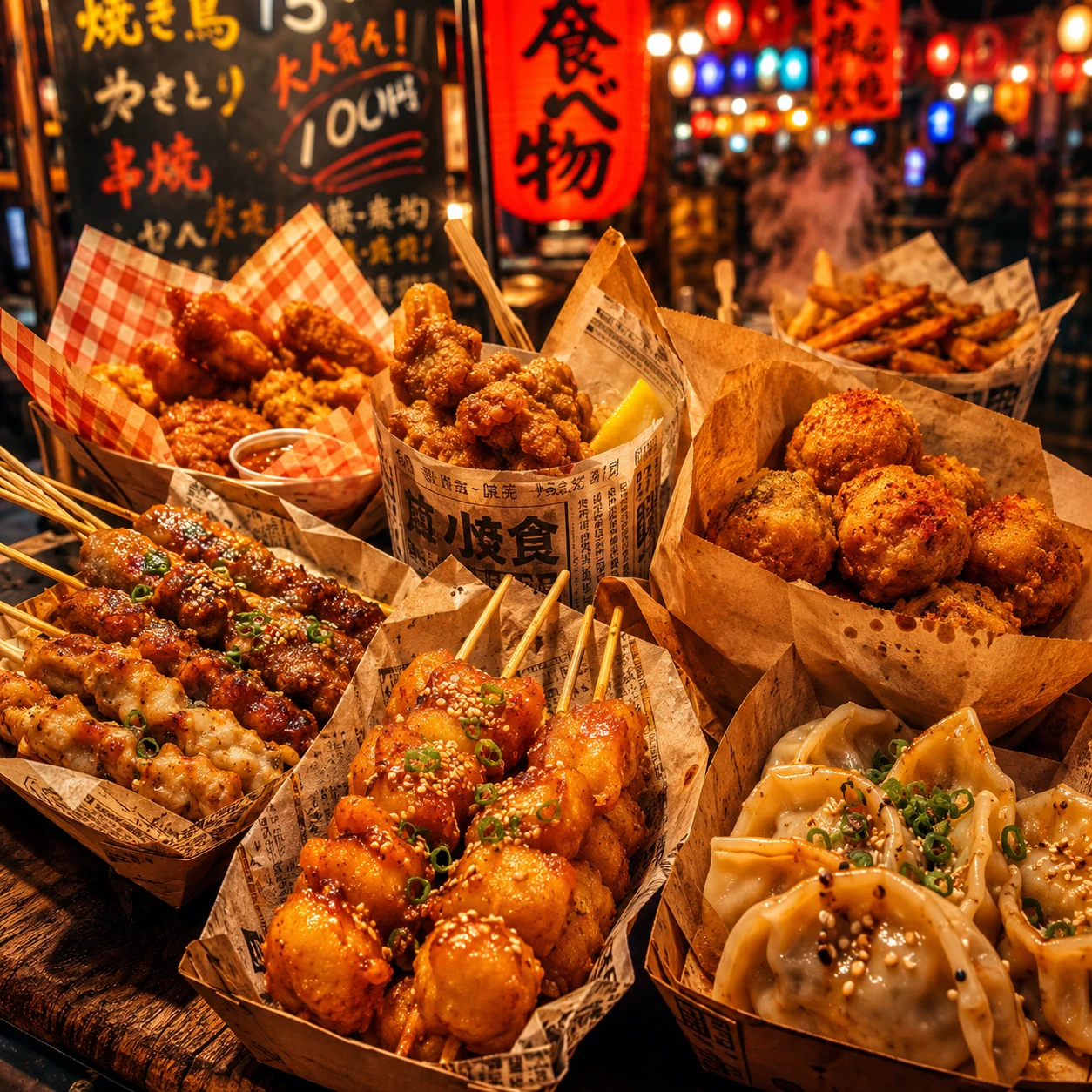 Street food feast in glowing night market paper wrappers