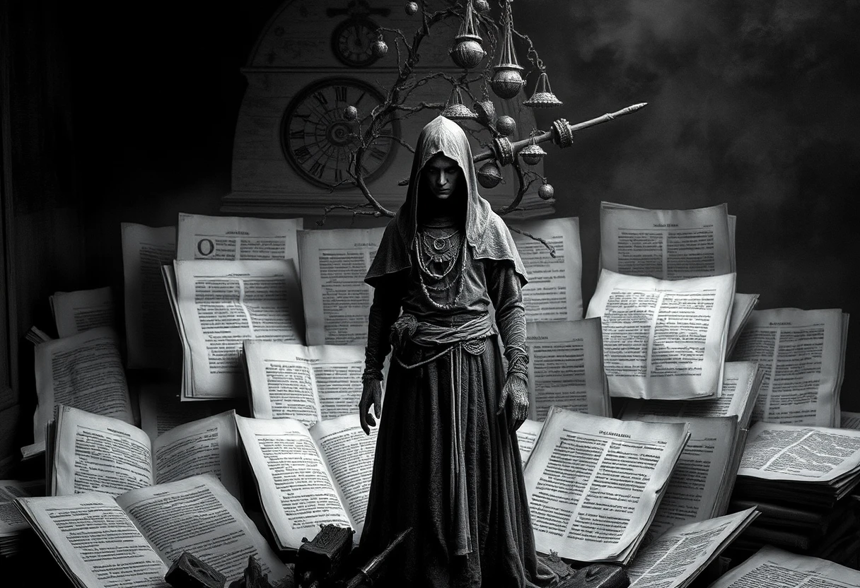 Mystical figure among ancient alchemical texts in silence