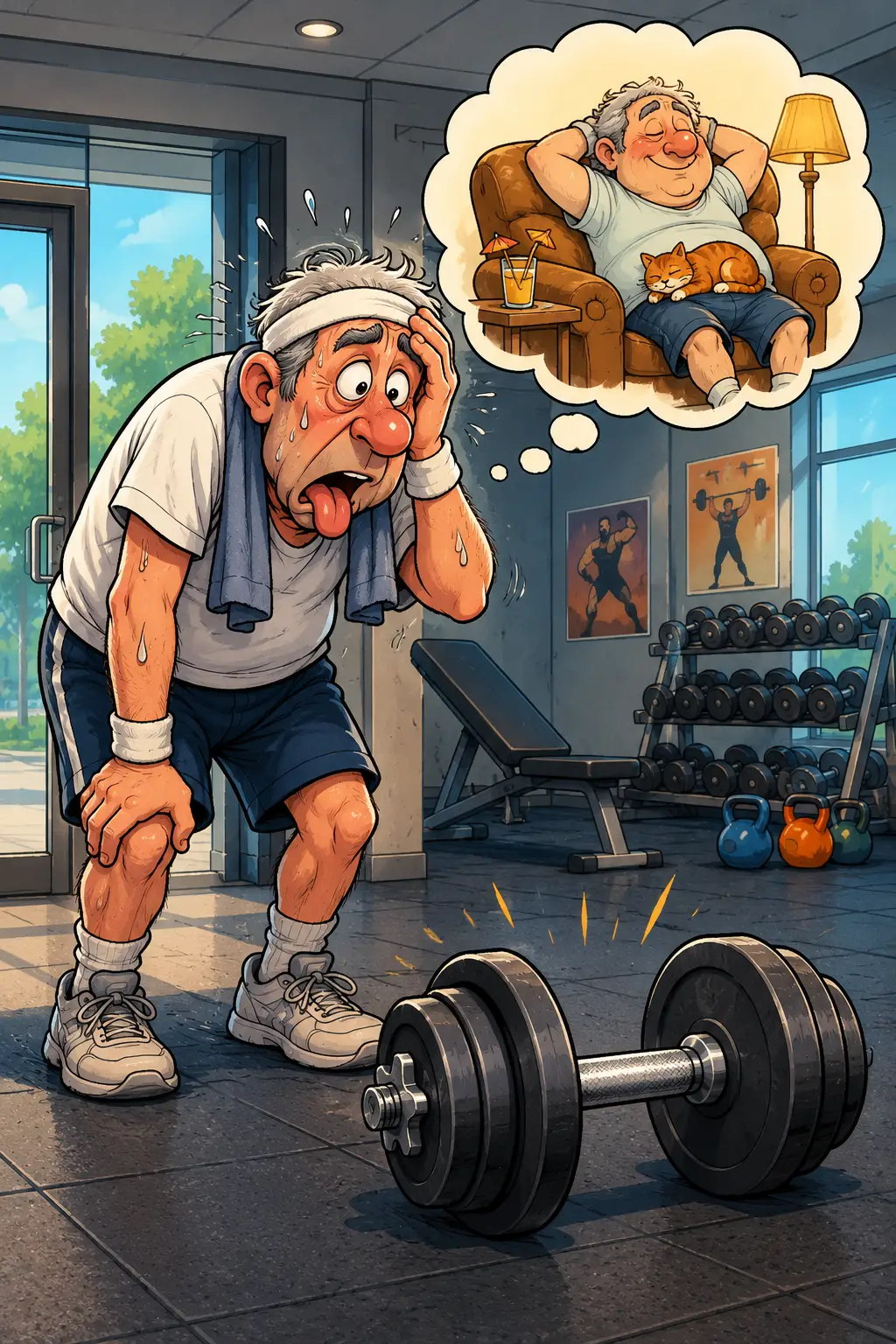 Mittelalter Mann im Fitnessstudio in klassischer Comic-Illustration