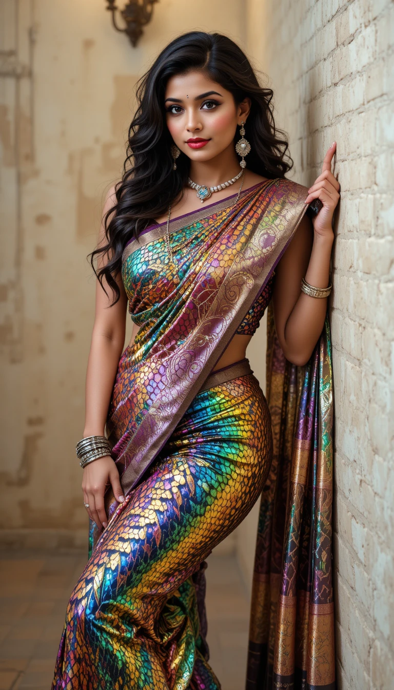 Tamil woman in reflective saree leaning indoors