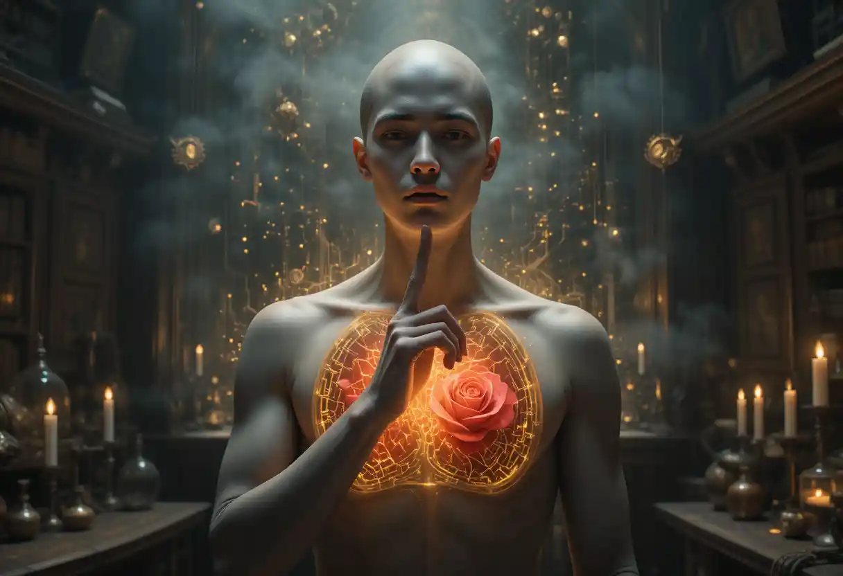 Surreal scholar with glowing rose heart in alchemical study