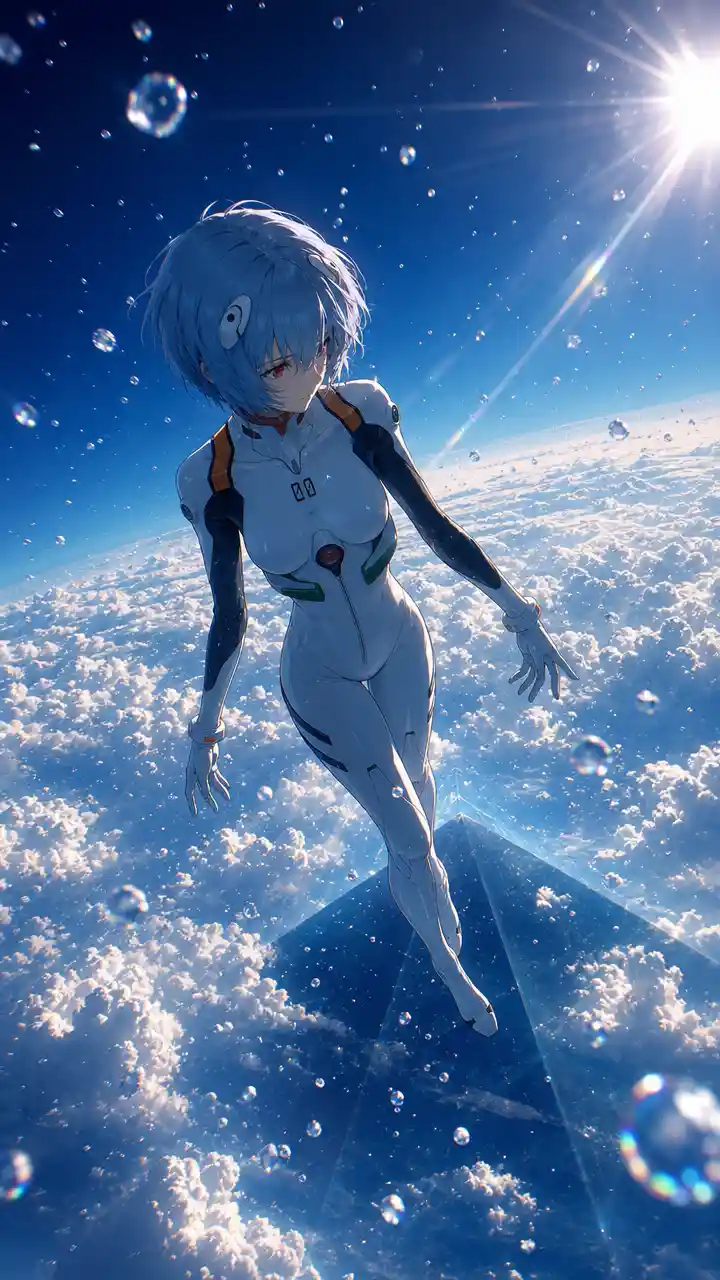 Anime girl floating above radiant sunlit clouds