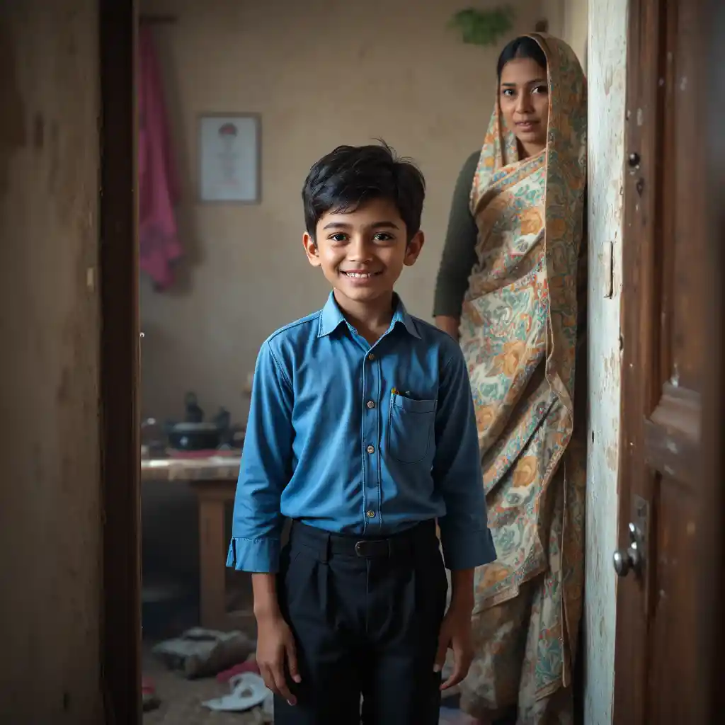 Pakistani boy standing beside his mother in a modest home