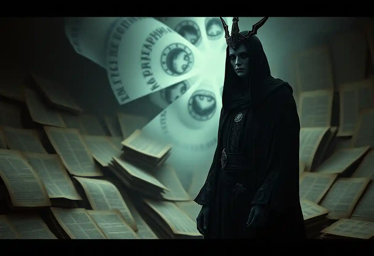 Mystical figure amid ancient alchemical texts in silent stillness
