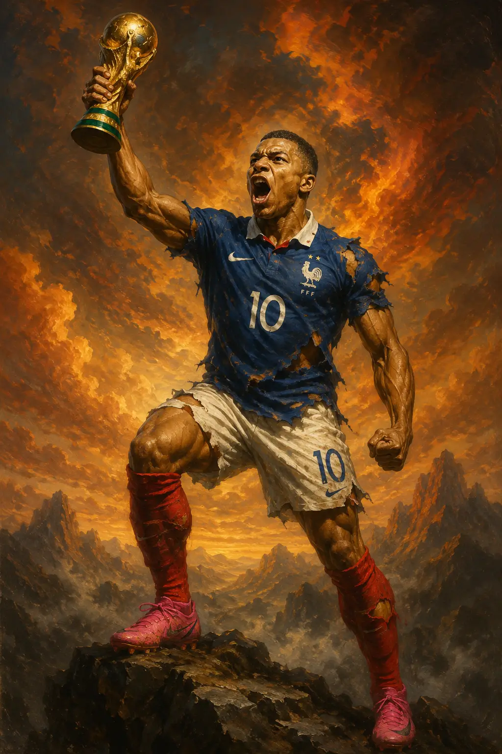Heroic soccer champion raising the World Cup on a peak