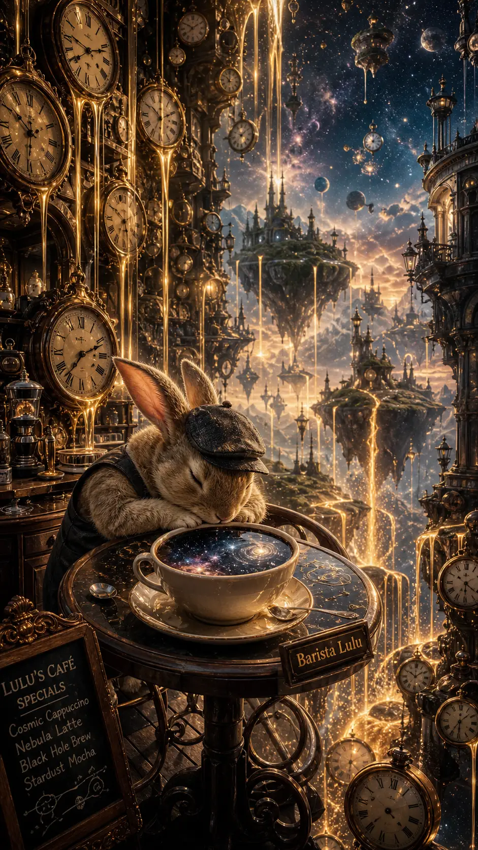 Tiny rabbit barista asleep at floating cafe table