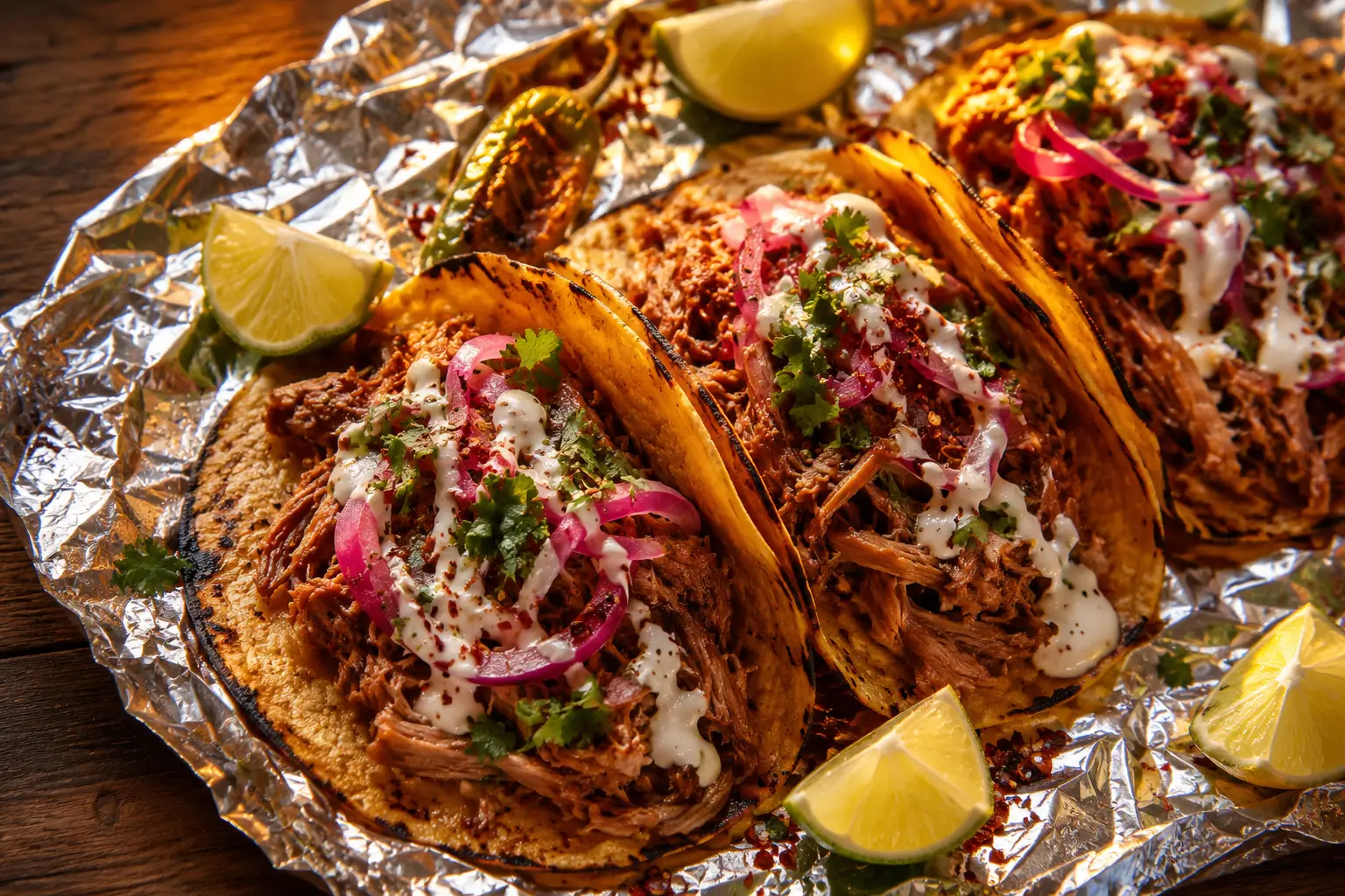 Street style pork tacos with cilantro and crema