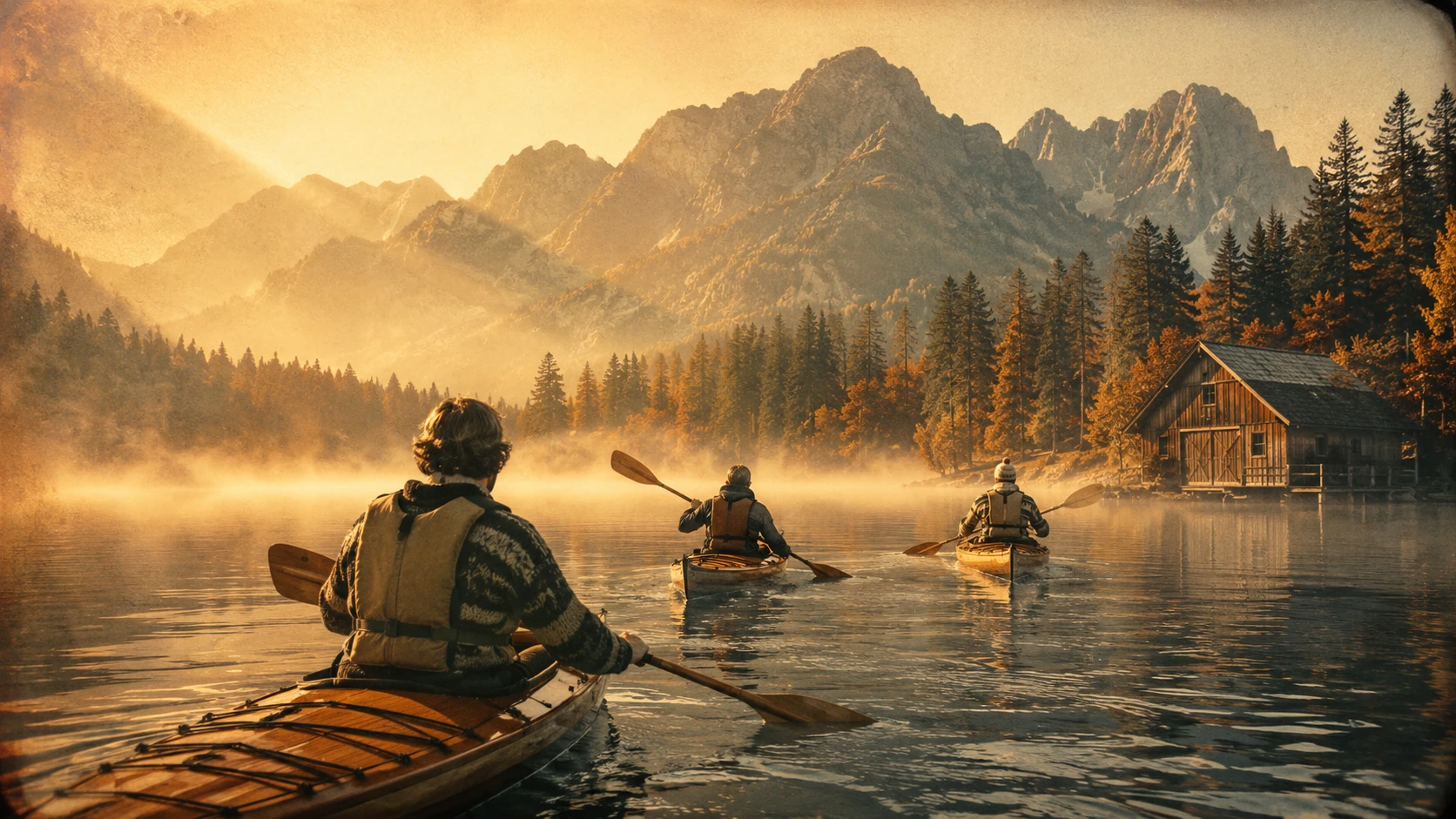 Kayakers crossing a misty mountain lake at sunrise