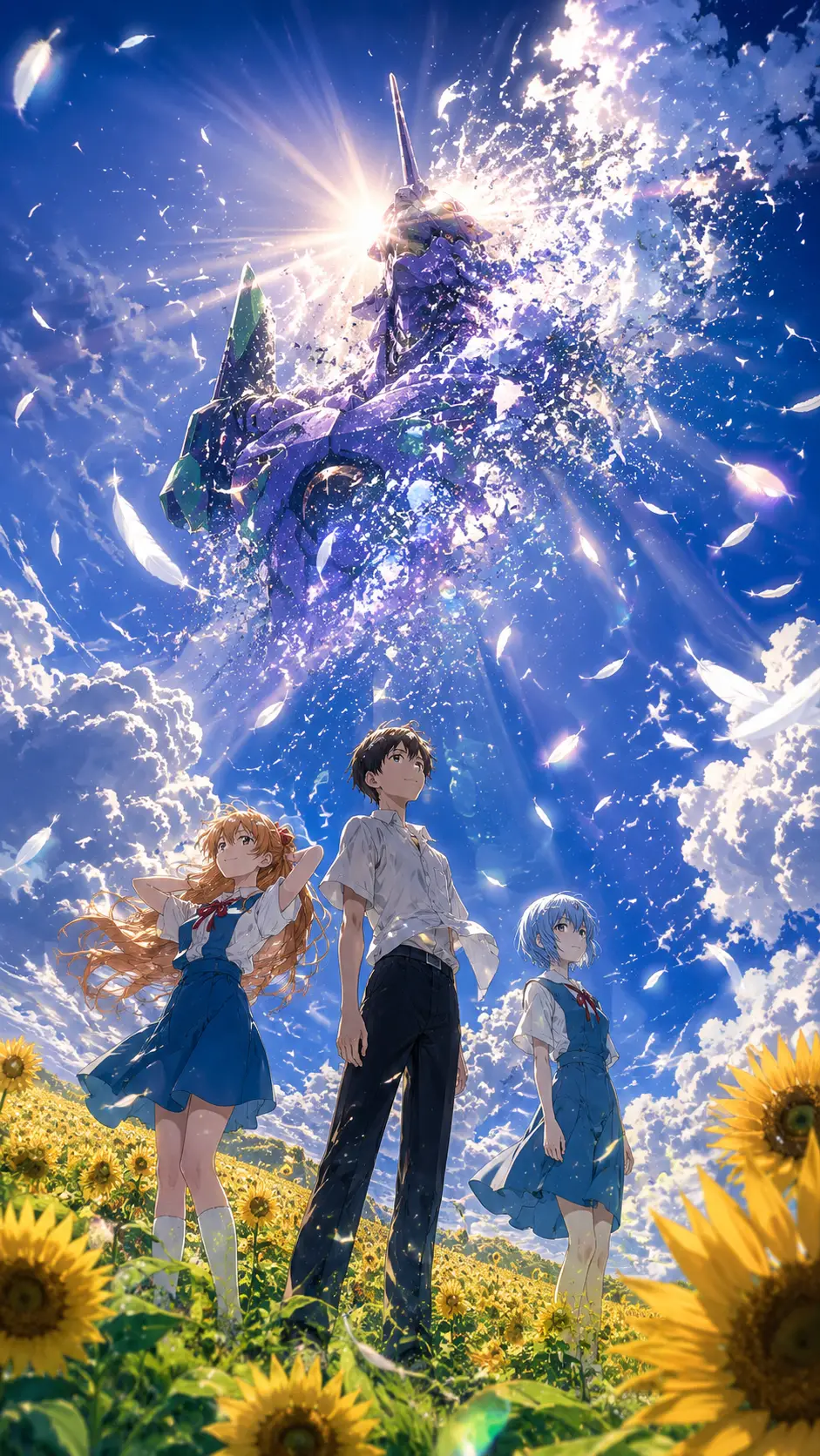 Anime friends on a sunflower hill under radiant summer sky