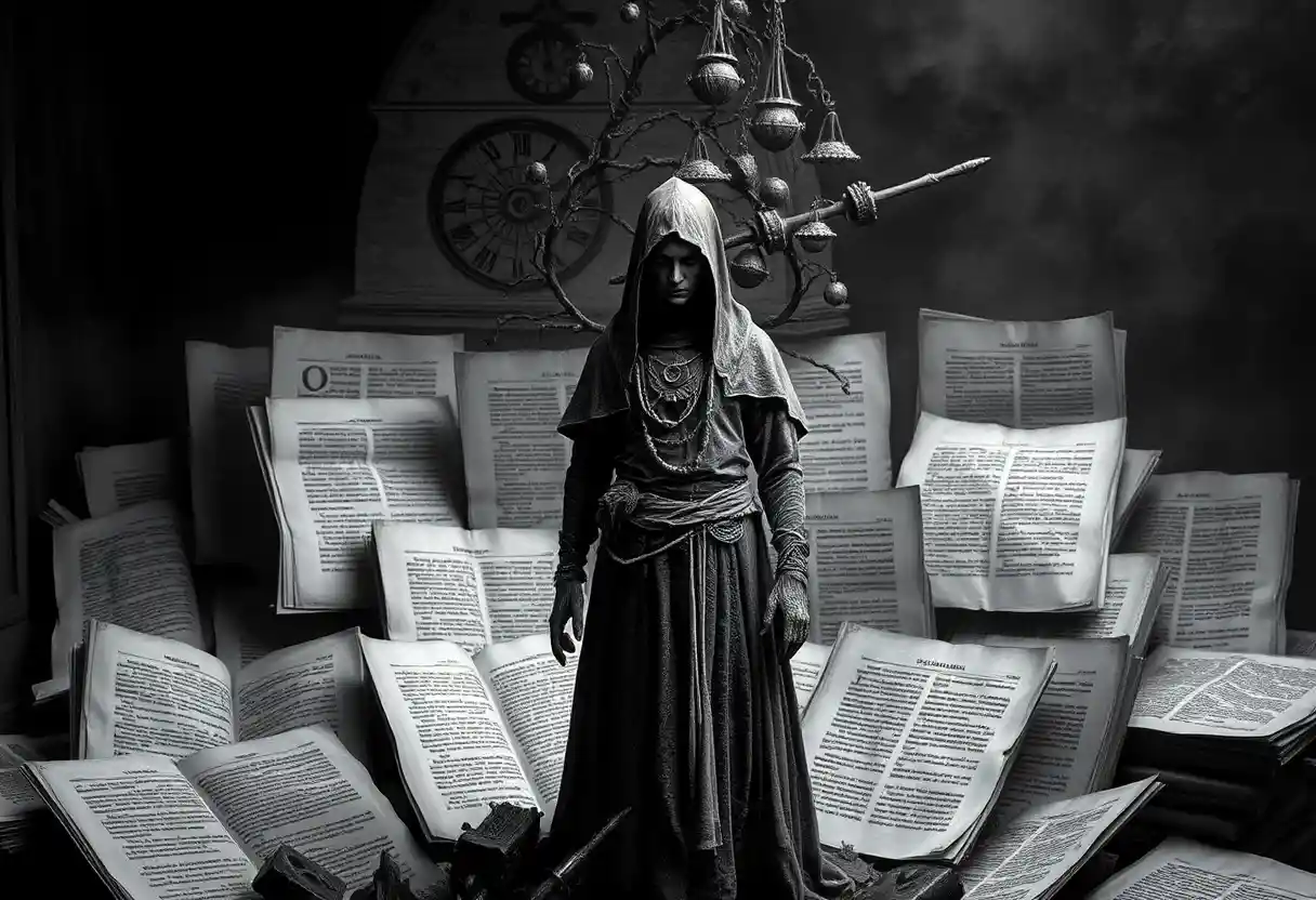 Mystical figure among ancient alchemical texts in silence