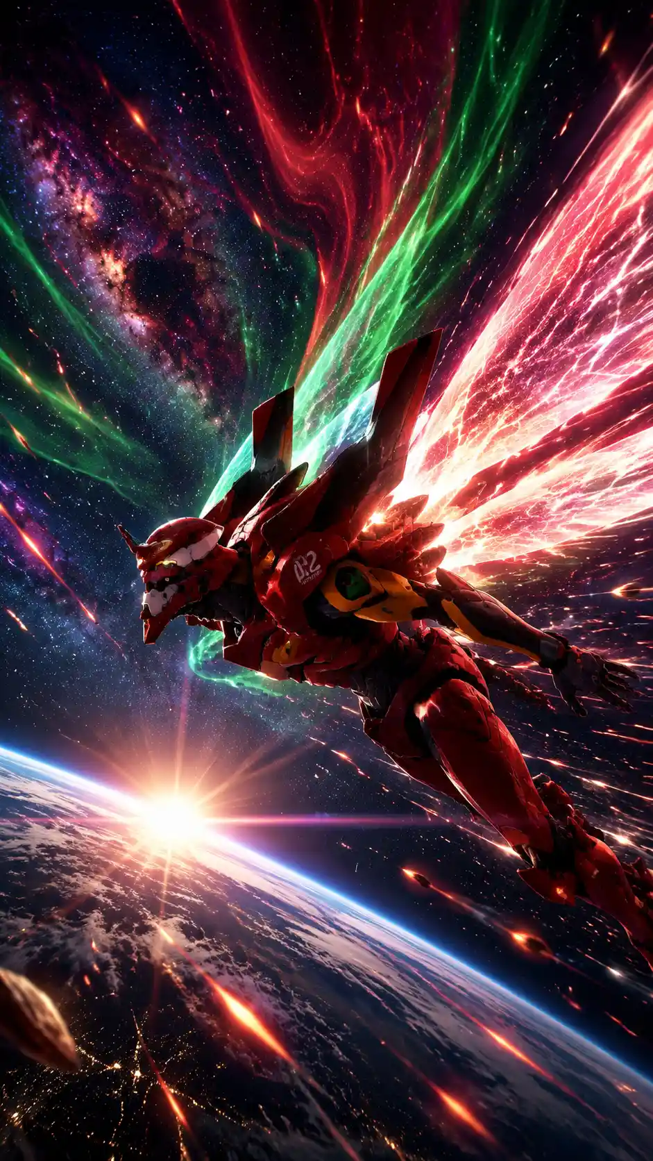 Red mecha with light wings soaring at the edge of space