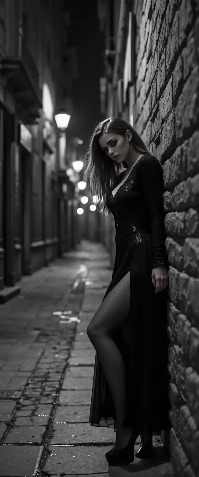 Mujer elegante en un callejón urbano en blanco y negro de estilo noir