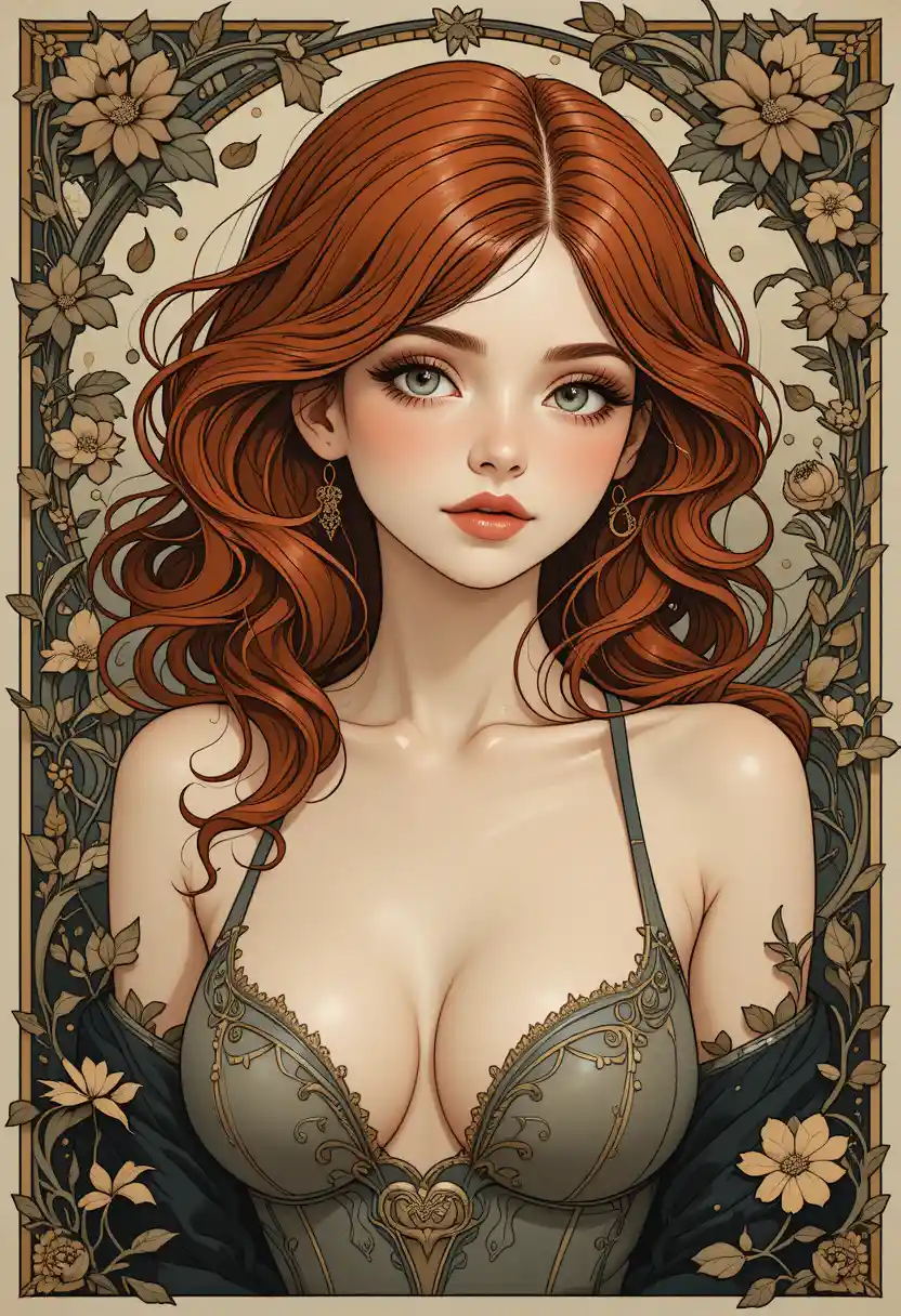 Curvaceous woman close up in dark art nouveau leaves and vines
