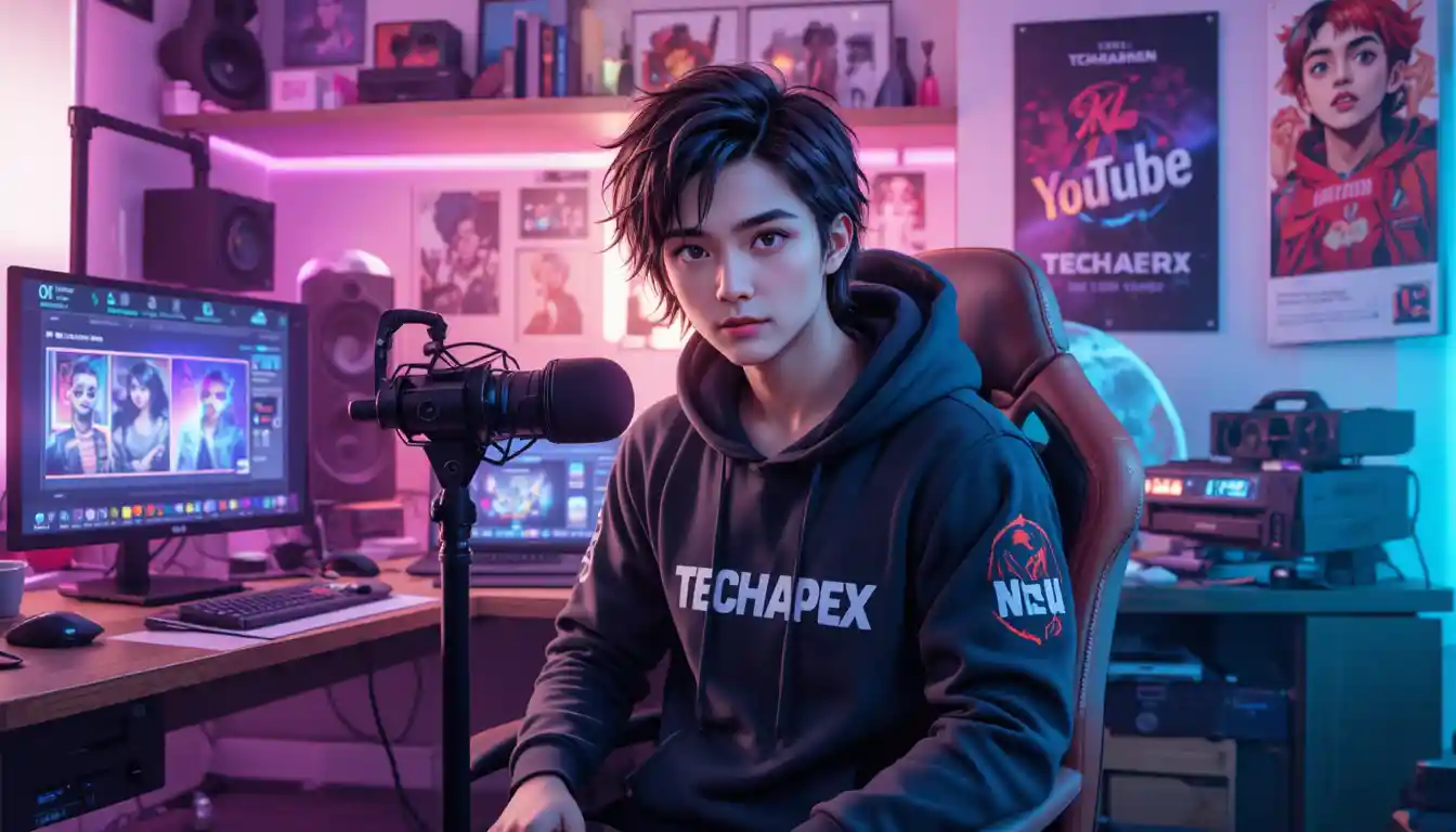 3D anime style young man streaming in tech studio