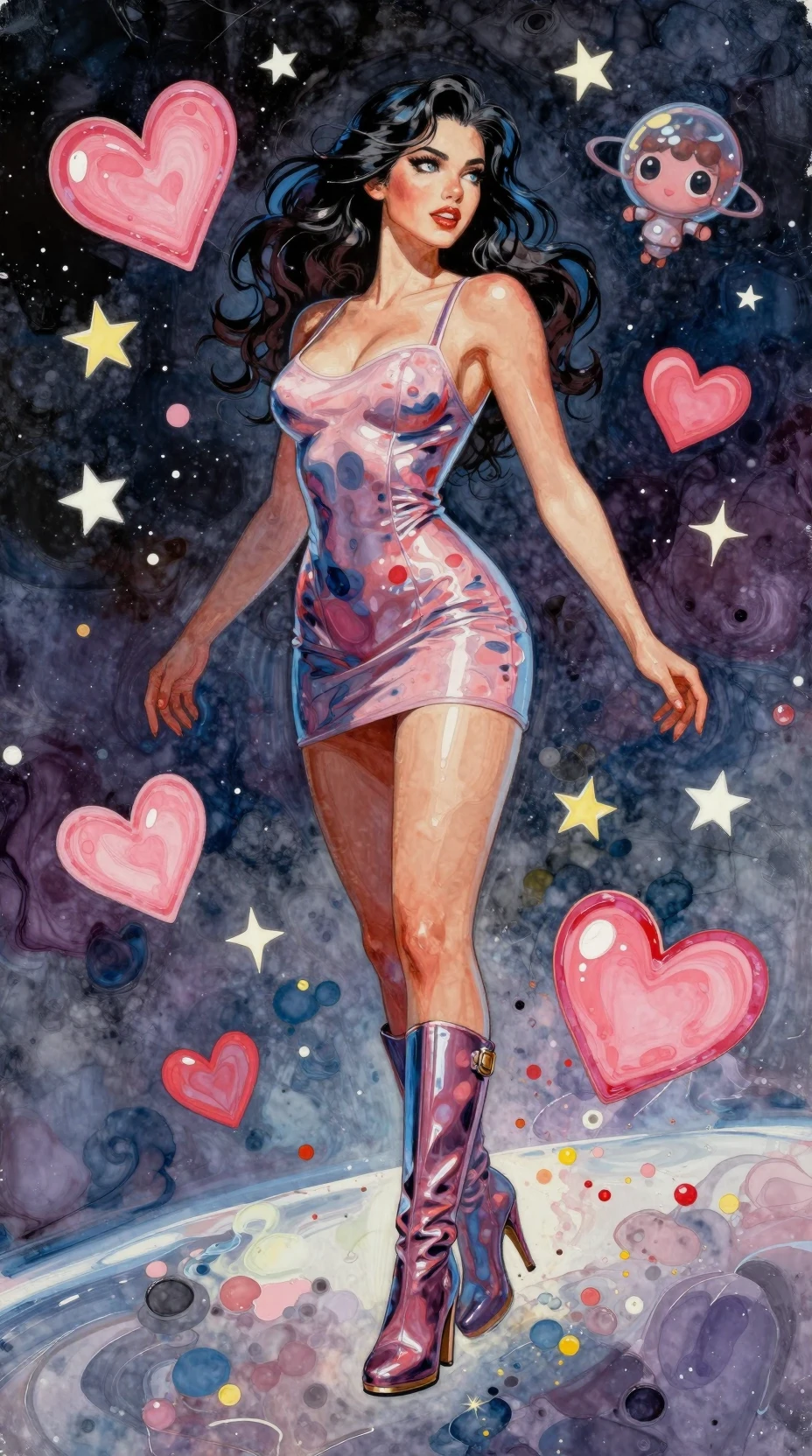 Curvy latina woman floating weightless in colorful outer space