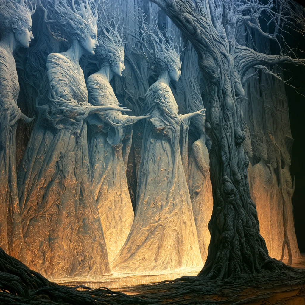 Ethereal giant women rising from a surreal glowing mire