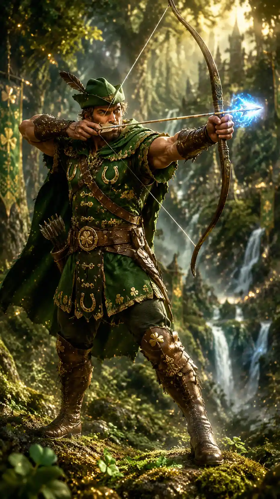 Muscular archer drawing a glowing magical arrow