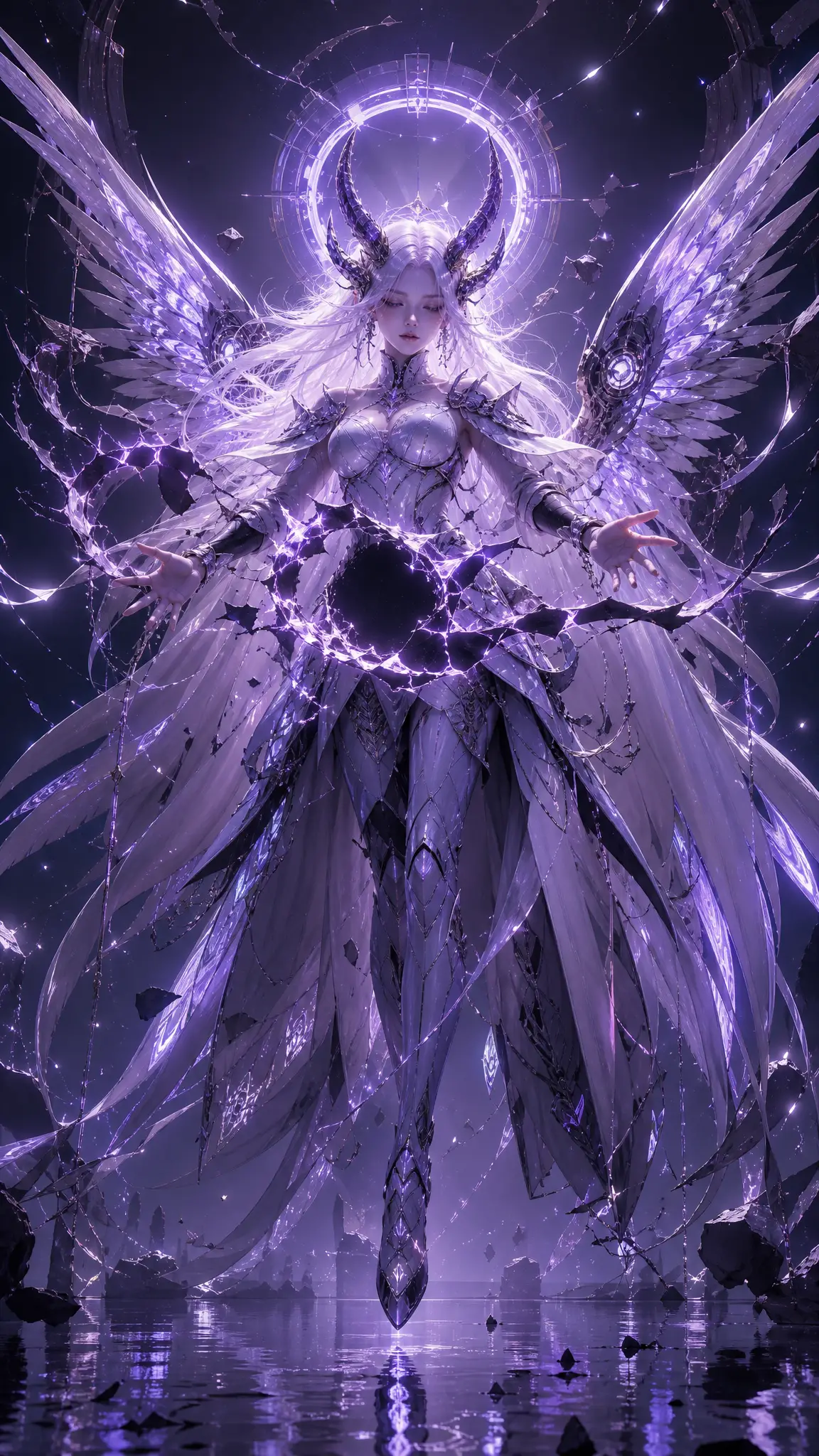 Melancholic 3D maiden with cyberpunk halo and wings